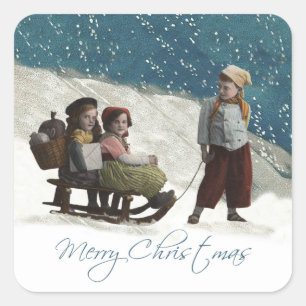 Vintage Children Sledding Christmas Winter Square Sticker