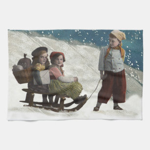 Vintage Children Sledding Christmas Winter Tea Towel