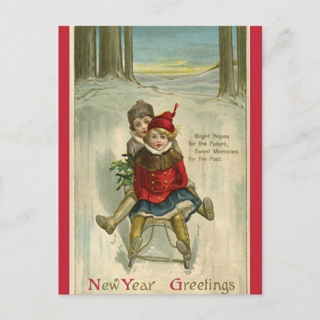 Vintage Children Sledding Happy New Year Postcard (Front)