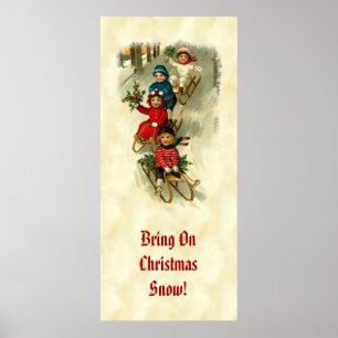 Vintage Children Sledding Snow Holly CH409 Poster