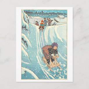 Vintage Children Sledding Woodblock from Japan Postcard