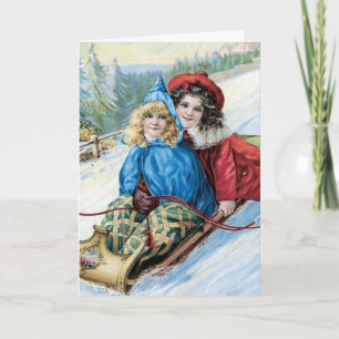 Vintage Children Sleding Holiday Card