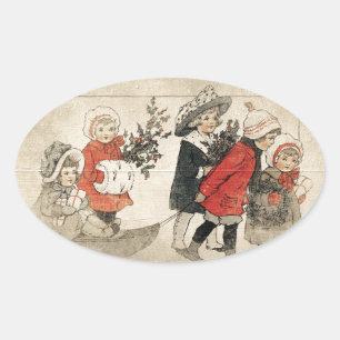 Vintage Children Snow Sled & Tree Oval Sticker