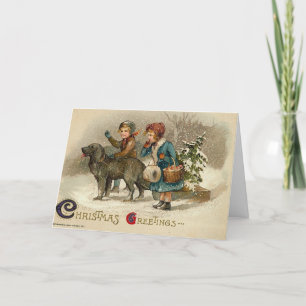 Vintage - Children & Their Dog at Christmas, Holiday Card