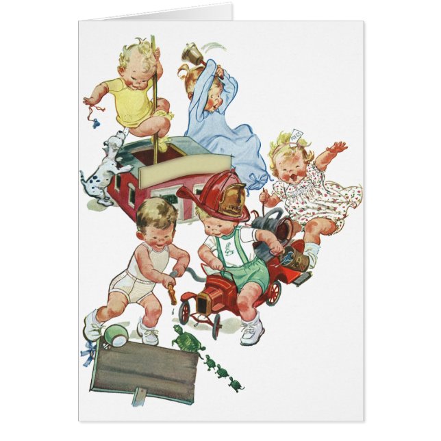 Vintage Children Toddlers Playing with Fire Trucks (Front)