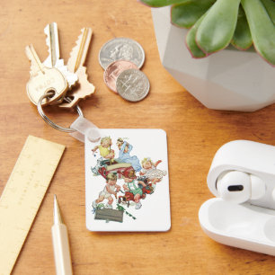 Vintage Children Toddlers Playing with Fire Trucks Key Ring