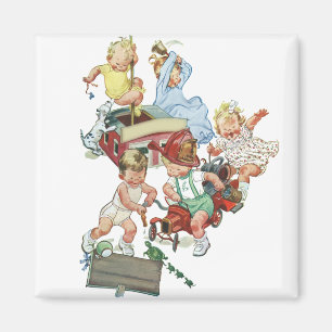 Vintage Children Toddlers Playing with Fire Trucks Magnet