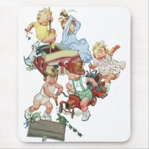 Vintage Children Toddlers Playing with Fire Trucks Mouse Mat