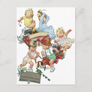 Vintage Children Toddlers Playing with Fire Trucks Postcard