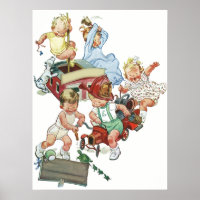 Vintage Children Toddlers Playing with Fire Trucks