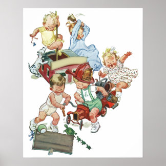 Vintage Children Toddlers Playing with Fire Trucks Poster