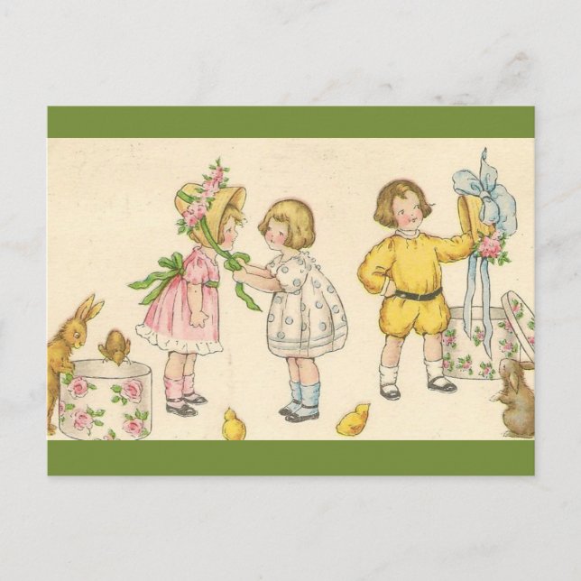 Vintage Children Trying on Easter Bonnets Postcard (Front)
