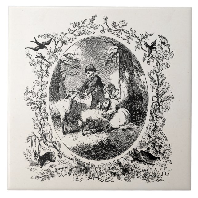 Vintage Children w Sheep Personalised Illustration Tile (Front)