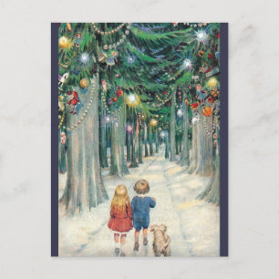 Vintage Children Walking Through Christmas Trees Holiday Postcard