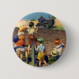 Vintage Children Waving to Local Farmer on Tractor 6 Cm Round Badge