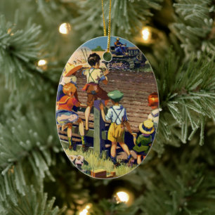 Vintage Children Waving to Local Farmer on Tractor Ceramic Tree Decoration