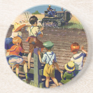 Vintage Children Waving to Local Farmer on Tractor Coaster