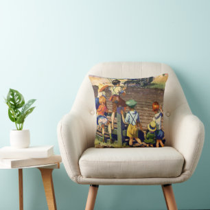 Vintage Children Waving to Local Farmer on Tractor Cushion