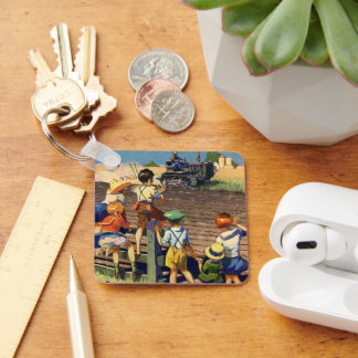 Vintage Children Waving to Local Farmer on Tractor Key Ring