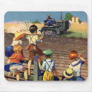 Vintage Children Waving to Local Farmer on Tractor Mouse Mat