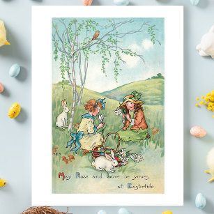 Vintage Children with Easter Bunnies and Eggs Postcard