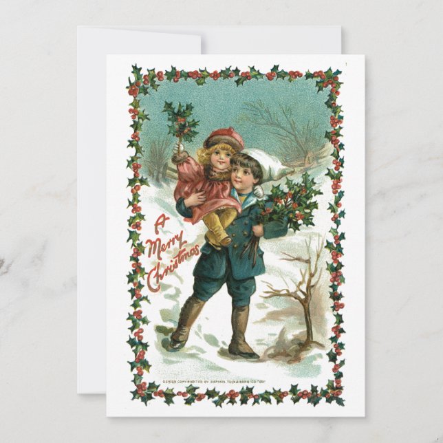 Vintage Children With Holly Christmas Holiday Card (Front)