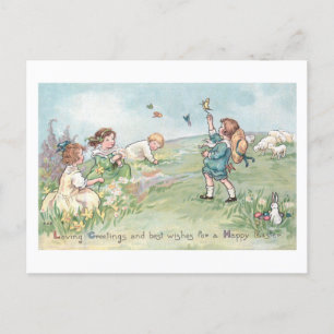 Vintage Children with Lambs and Easter Bunnies Holiday Postcard