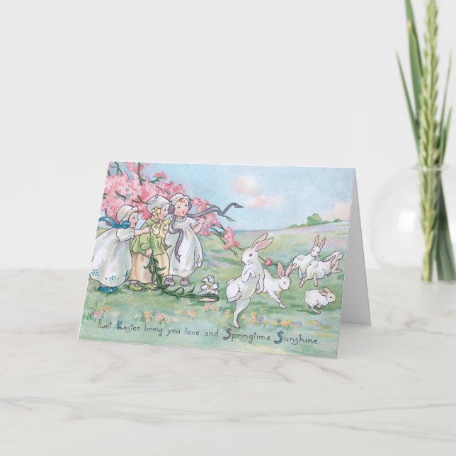 Vintage Children with White Easter Bunnies Holiday Card (Front)