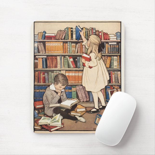 Vintage Children's Book Week Library Illustration Mouse Mat (With Mouse)
