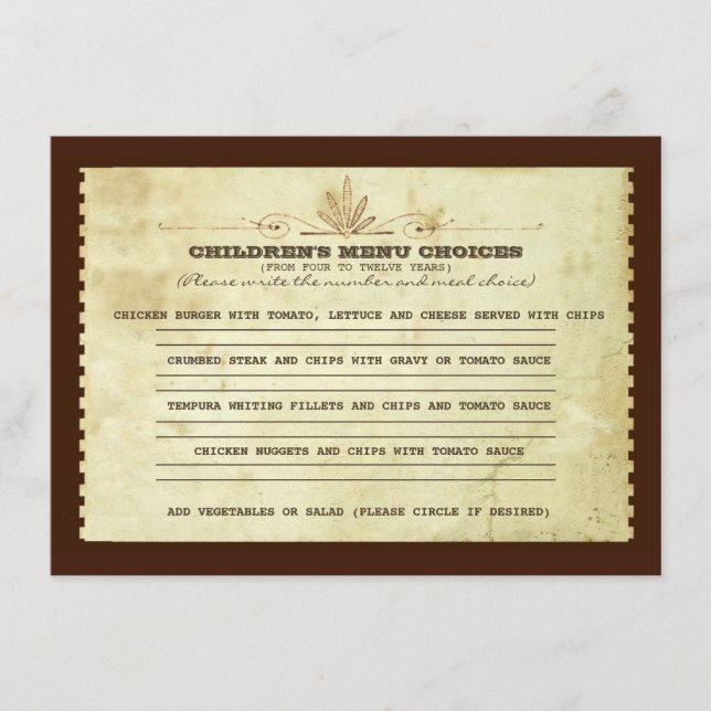 vintage children's menu choice for wedding (Front)