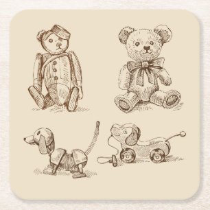 Vintage Child's Toys Sketch / Drawing Square Paper Coaster