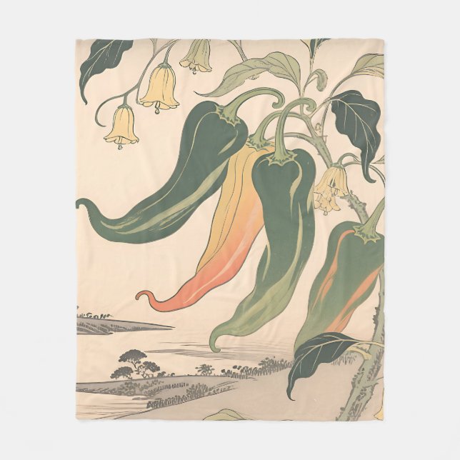 Vintage Chilli Pepper Illustration Fleece Blanket (Front)