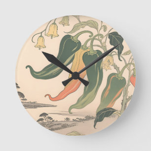 Vintage Chilli Pepper Illustration Round Clock