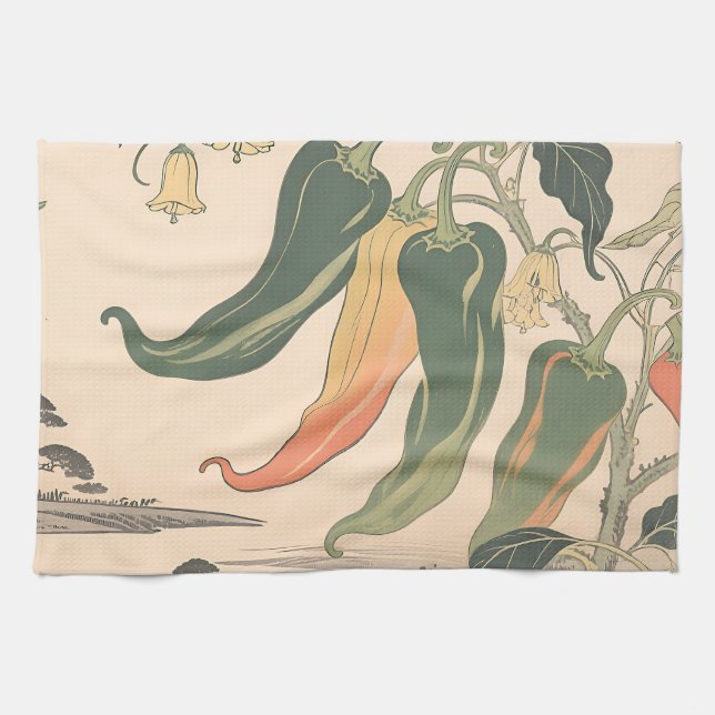 Vintage Chilli Pepper Illustration Tea Towel (Horizontal)