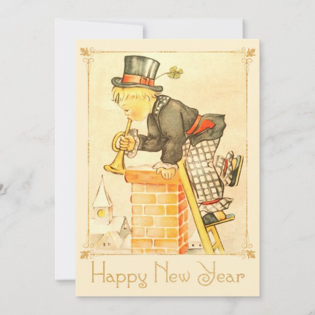 Vintage Chimney Sweeper Happy New Year Holiday Card (Front)
