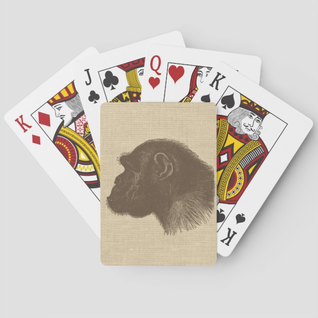 Vintage Chimpanzee Illustration on Burlap  Playing Cards (Back)