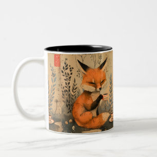 Vintage Chinese art cute fox with tea ceremony Two-Tone Coffee Mug