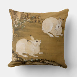 Vintage Chinese Art Two White Rabbits Painting Cushion
