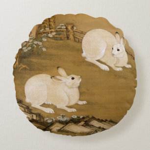 Vintage Chinese Art Two White Rabbits Painting Round Cushion