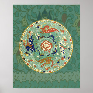 Vintage Chinese Blue Green Art Design Nature Poster