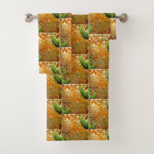Vintage Chinese Cactus & Geometric Motif Bath Towel Set