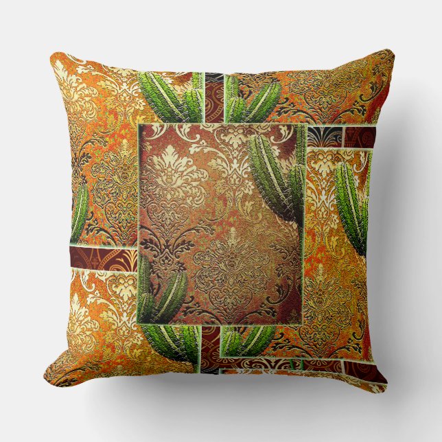 Vintage Chinese Cactus & Geometric Motif Cushion (Front)