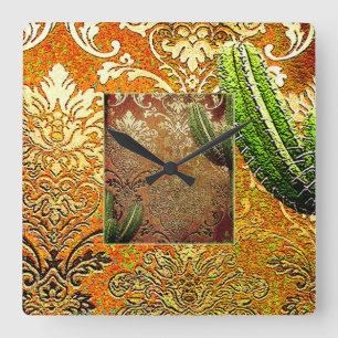 Vintage Chinese Cactus & Geometric Motif Square Wall Clock