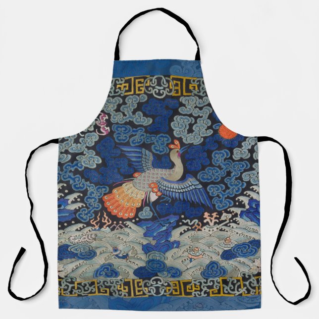 Vintage Chinese Crane Pattern: Imperial Blue Apron (Front)