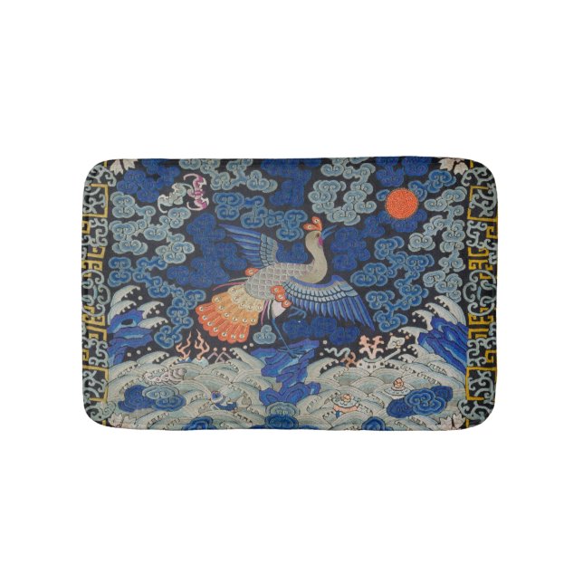 Vintage Chinese Crane Pattern: Imperial Blue Bath Mat (Front)