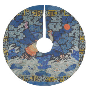 Vintage Chinese Crane Pattern: Imperial Blue Brushed Polyester Tree Skirt