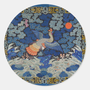 Vintage Chinese Crane Pattern: Imperial Blue Classic Round Sticker