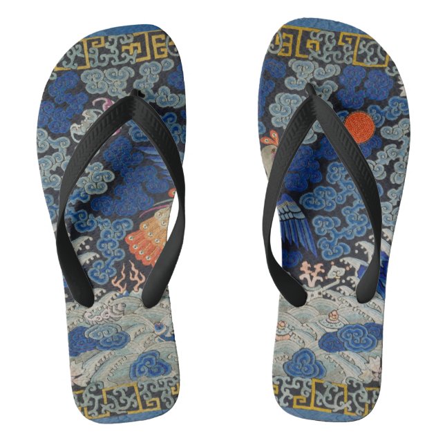 Vintage Chinese Crane Pattern: Imperial Blue Flip Flops (Footbed)