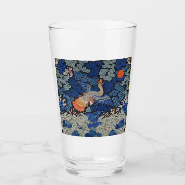 Vintage Chinese Crane Pattern: Imperial Blue Glass (Front)