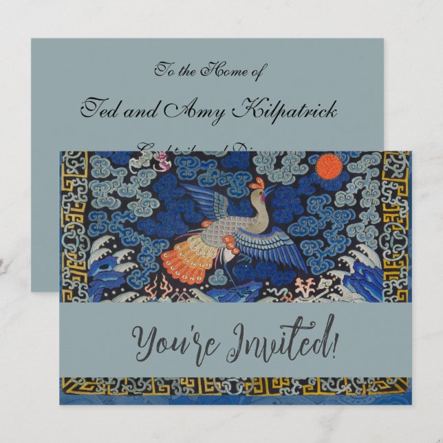 Vintage Chinese Crane Pattern: Imperial Blue Invitation (Front/Back)